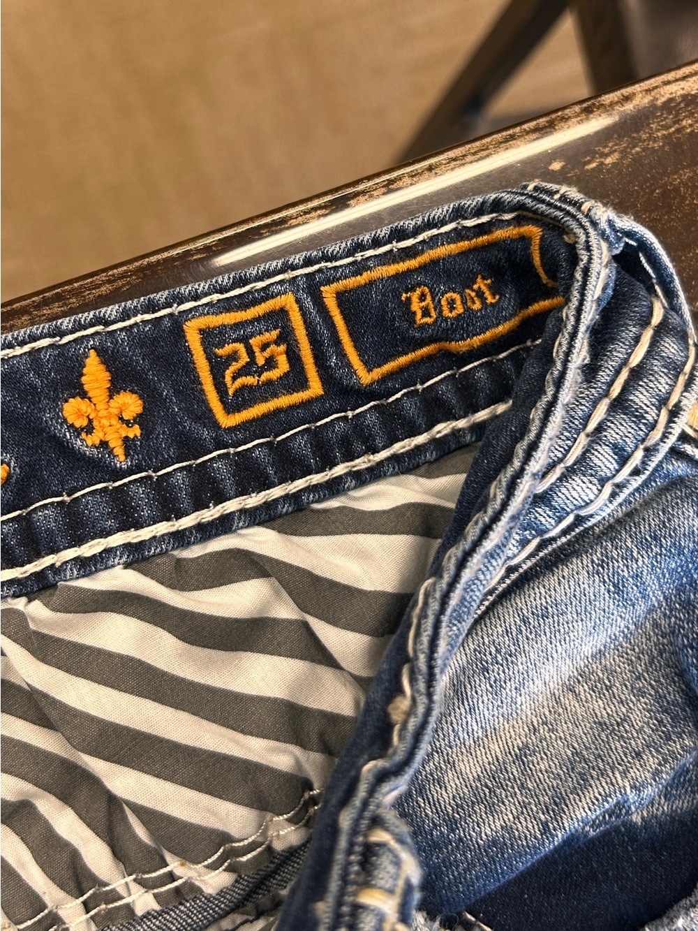 Rock Revival Boot Cut Jeans in Medium Blue with Gold Embroidery - Picture 1 of 6